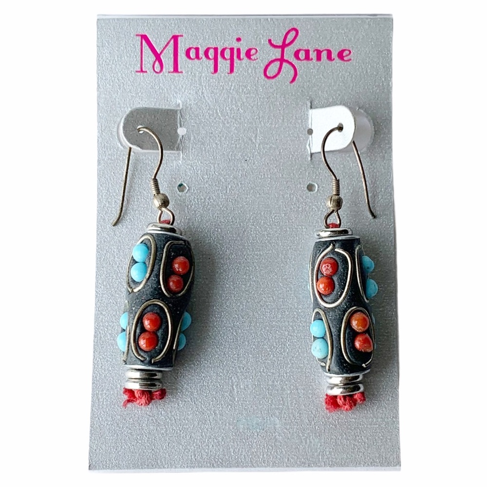 Maggie Lane Blue Red Turquoise Silver Earrings NWT